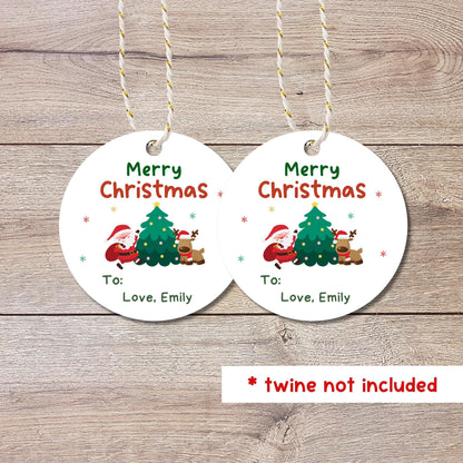 Santa & Reindeer Christmas Personalized Gift Tags, Custom Holiday To and From Tags for Gift Wrapping