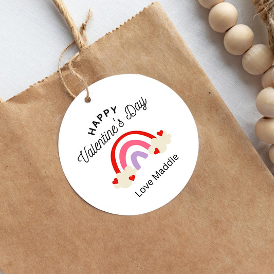 Personalized Rainbow Valentine Gift Tags, Custom Kids School Party Favor Treat Bag Tag