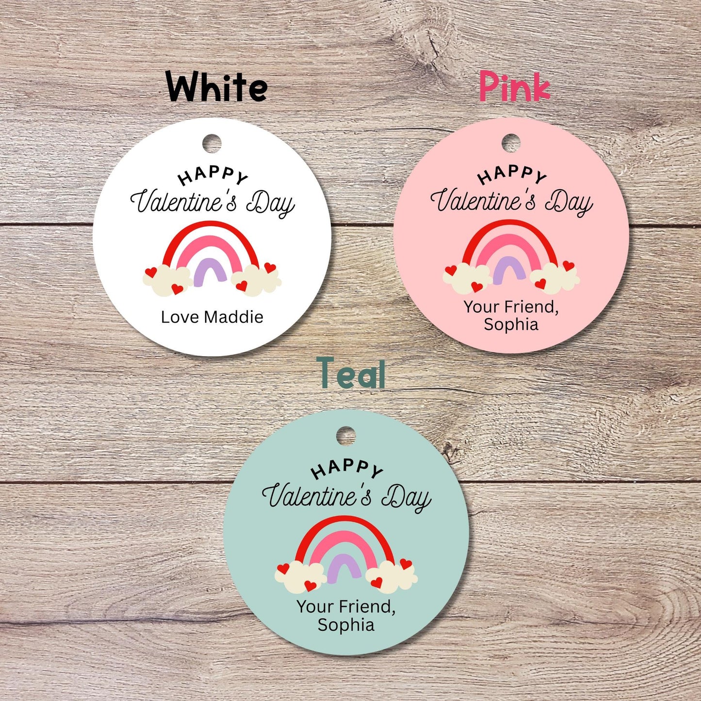 Personalized Rainbow Valentine Gift Tags, Custom Kids School Party Favor Treat Bag Tag