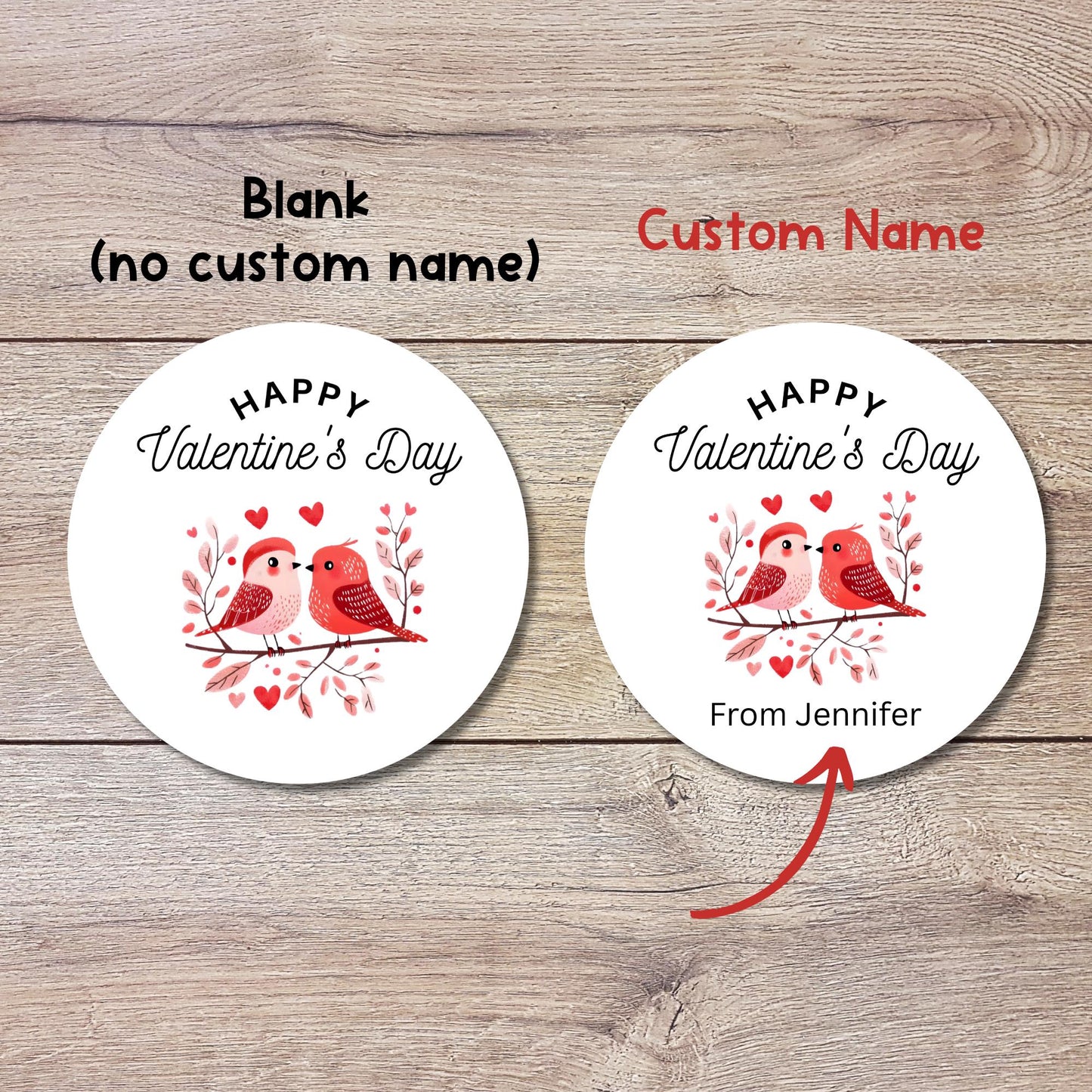 Personalized Love Birds Valentine Stickers, Custom Kids School Party Favor Treat Bag Labels