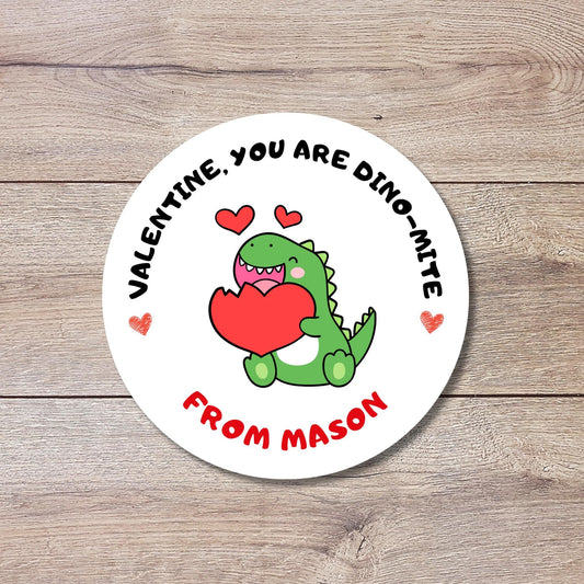 Personalized You are Dino Mite Stickers, Custom Happy Valentines Day Kids Party Favor Treat Bag Sticker