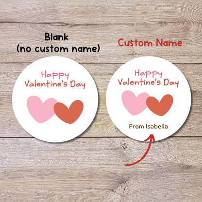 Personalized Double Hearts Happy Valentines Day Stickers, Custom Kids School Party Favor Treat Bag Labels