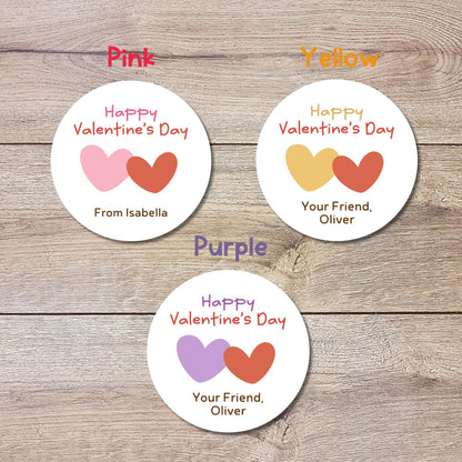 Personalized Double Hearts Happy Valentines Day Stickers, Custom Kids School Party Favor Treat Bag Labels