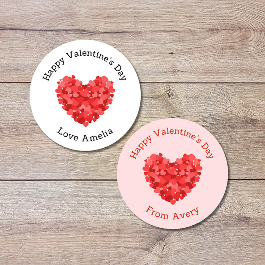 Personalized Big Heart Happy Valentines Day Stickers, Custom Kids School Party Favor Treat Bag Labels