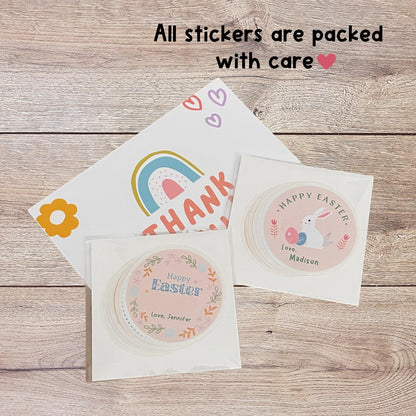 Personalized Happy Easter Floral Wreath Stickers, Custom Name Gift Basket Party Favor Labels