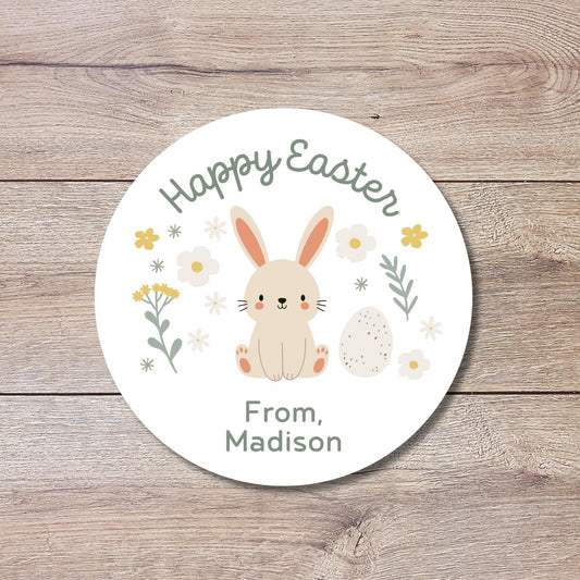 Personalized Happy Easter Bunny Rabbit Stickers, Custom Name Gift Basket Party Favor Labels