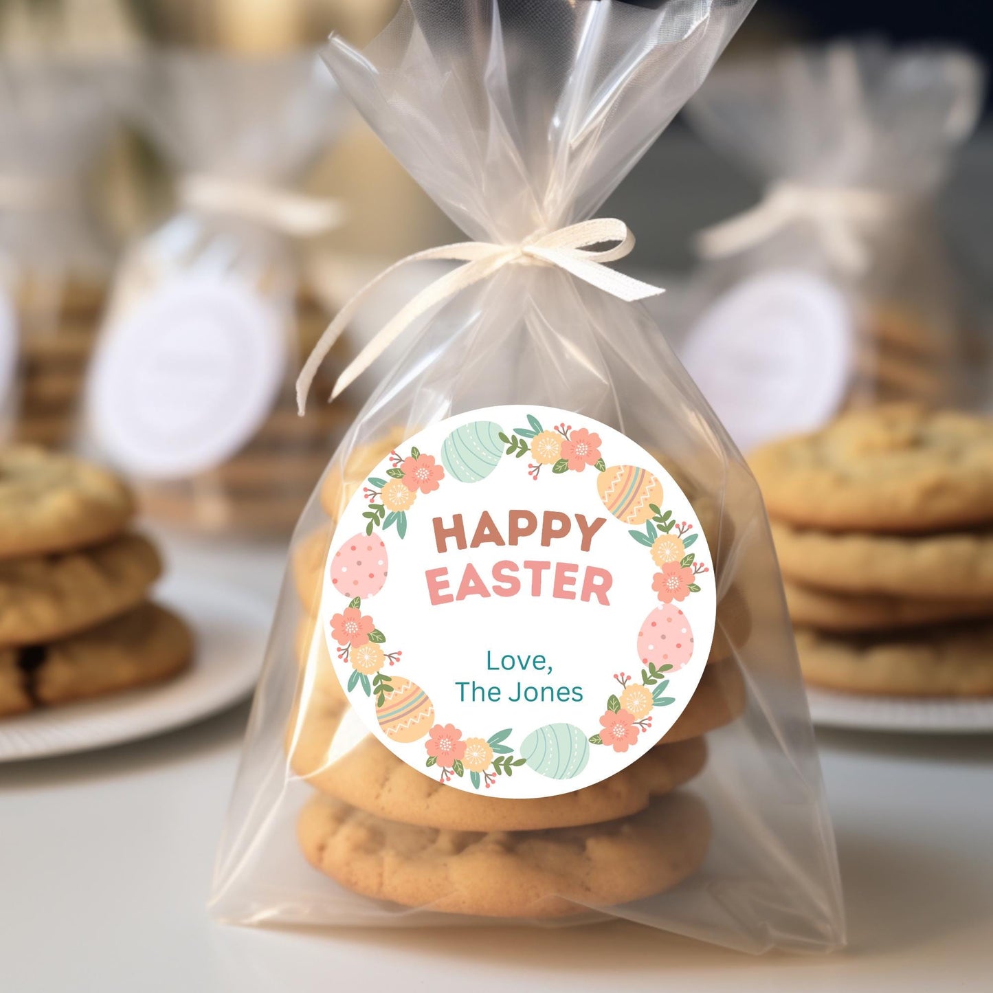 Personalized Happy Easter Floral Wreath Stickers, Custom Name Gift Basket Party Favor Labels