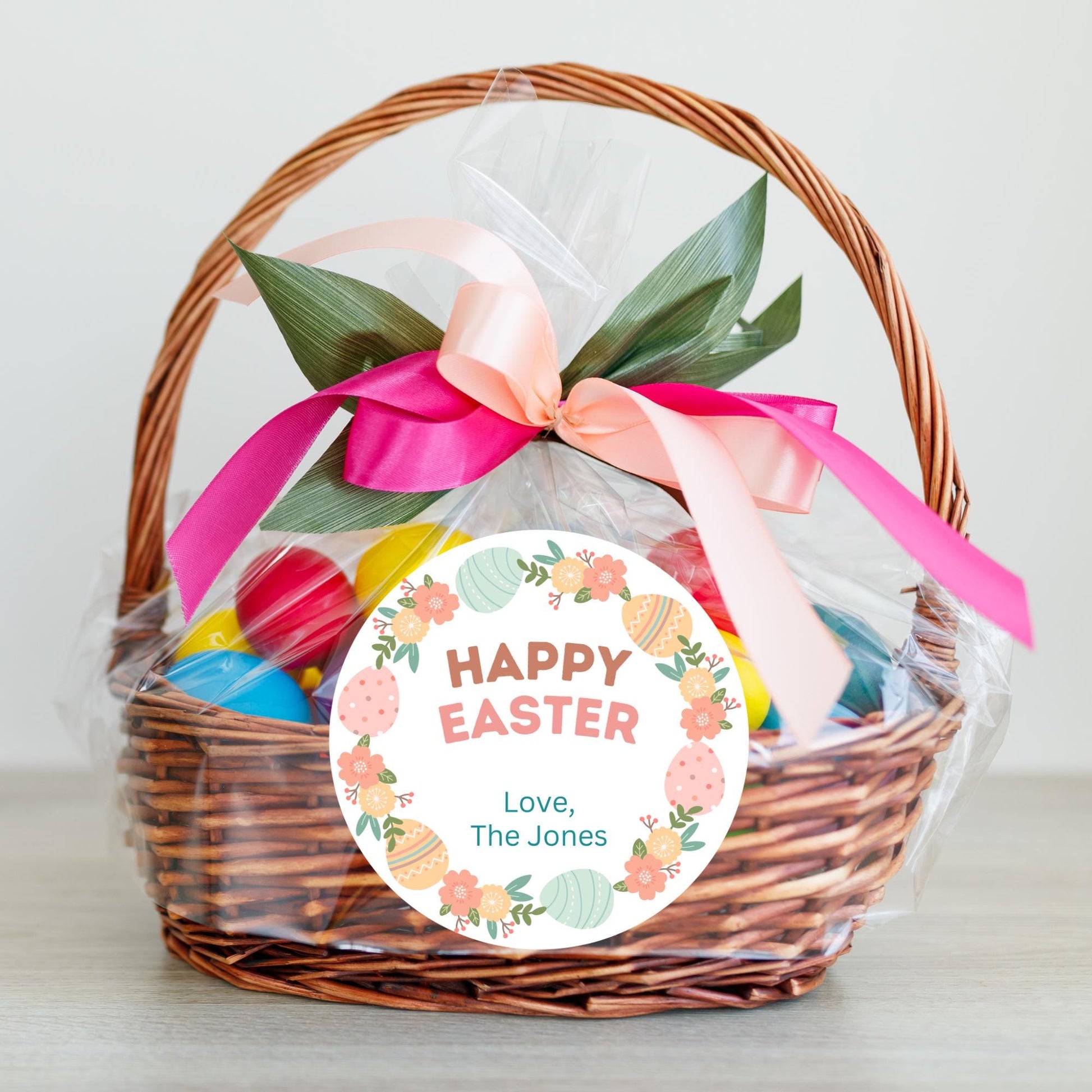 Personalized Happy Easter Floral Wreath Stickers, Custom Name Gift Basket Party Favor Labels