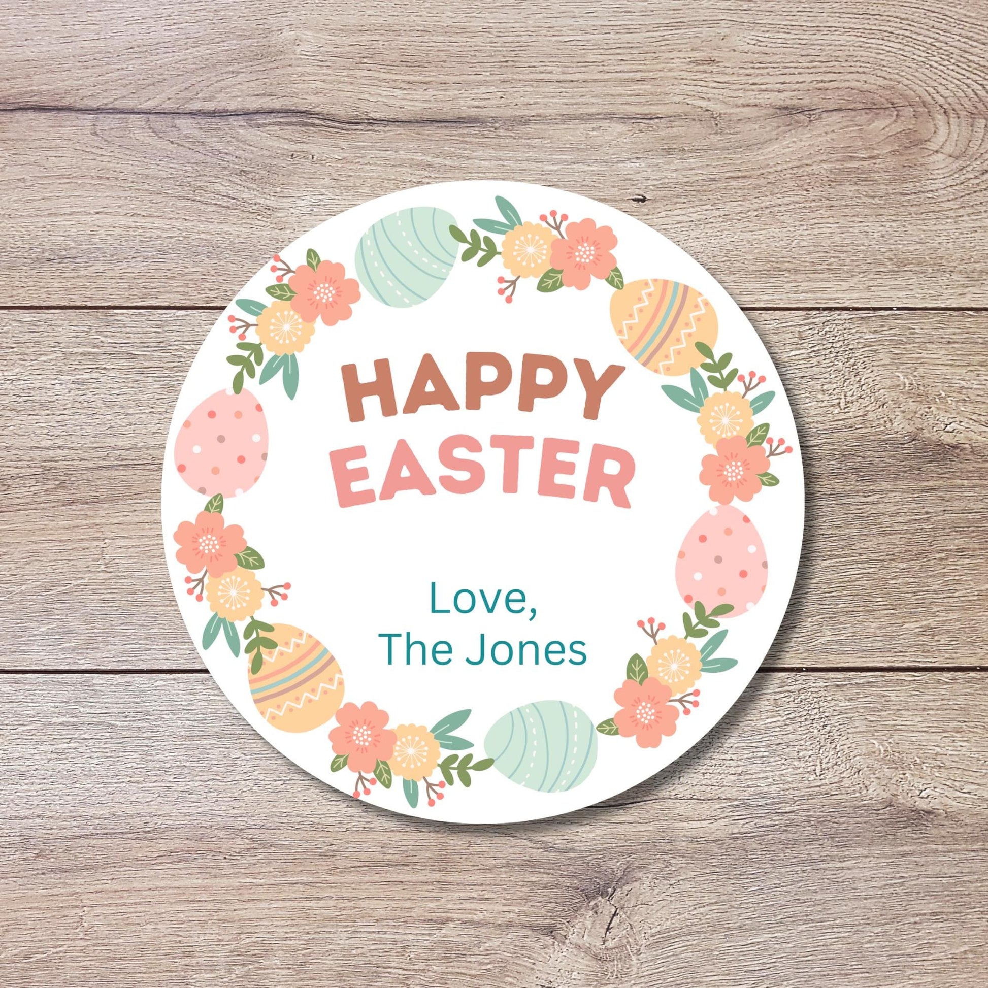 Personalized Happy Easter Floral Wreath Stickers, Custom Name Gift Basket Party Favor Labels