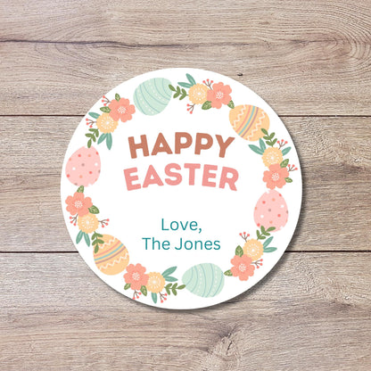 Personalized Happy Easter Floral Wreath Stickers, Custom Name Gift Basket Party Favor Labels