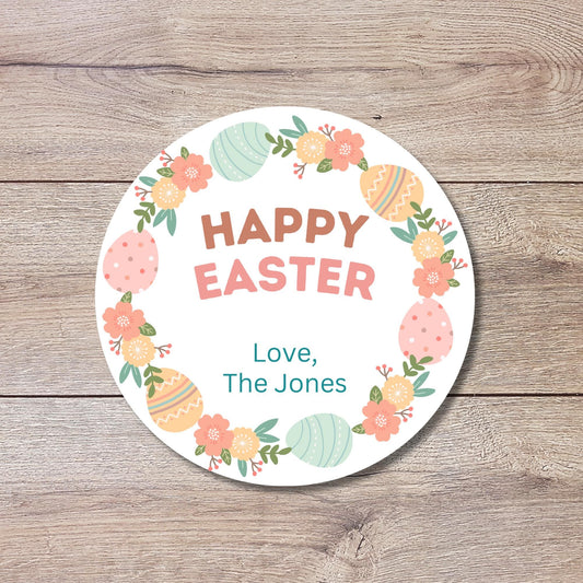 Personalized Happy Easter Floral Wreath Stickers, Custom Name Gift Basket Party Favor Labels