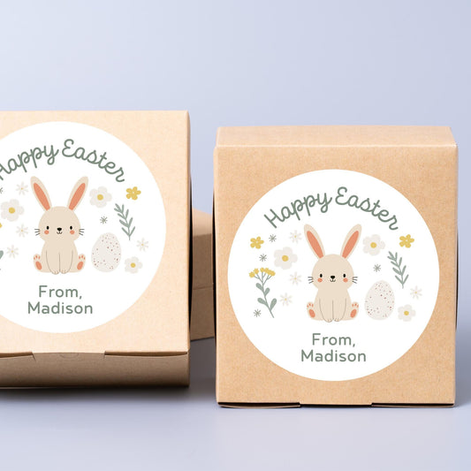 Personalized Happy Easter Bunny Rabbit Stickers, Custom Name Gift Basket Party Favor Labels