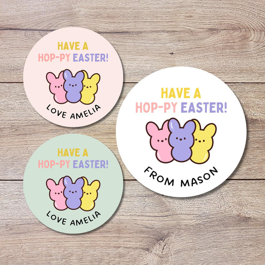 Personalized Have A Hoppy Easter Peeps Stickers, Custom Name Gift Basket Party Favor Labels