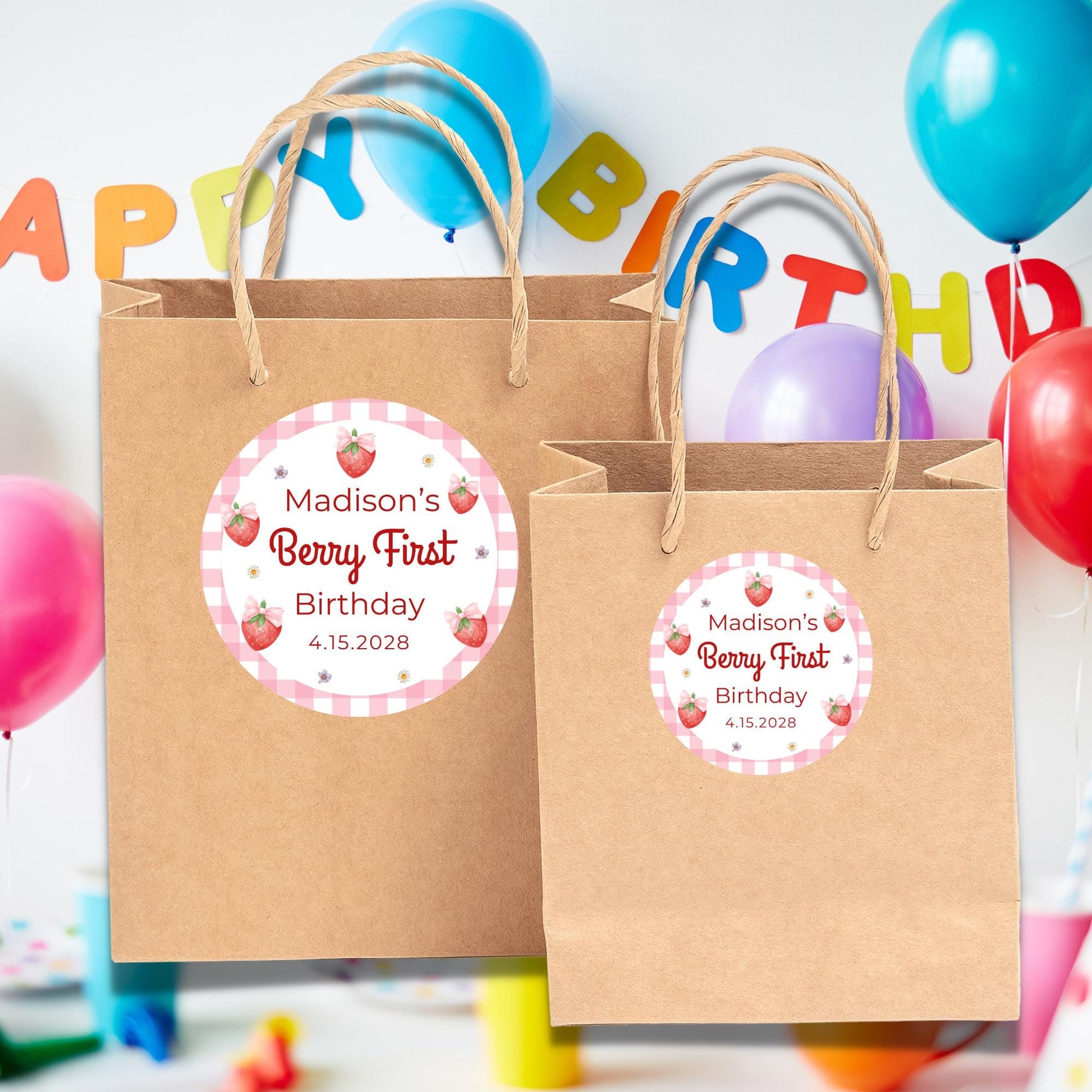 Berry First Personalized Birthday Stickers, Custom 1st Birthday Party Favor Goody Bag Labels