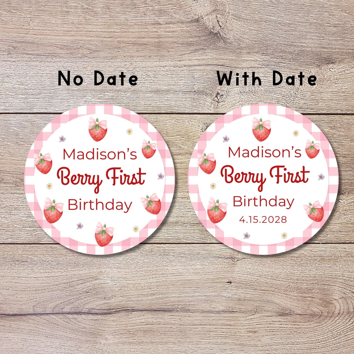 Berry First Personalized Birthday Stickers, Custom 1st Birthday Party Favor Goody Bag Labels