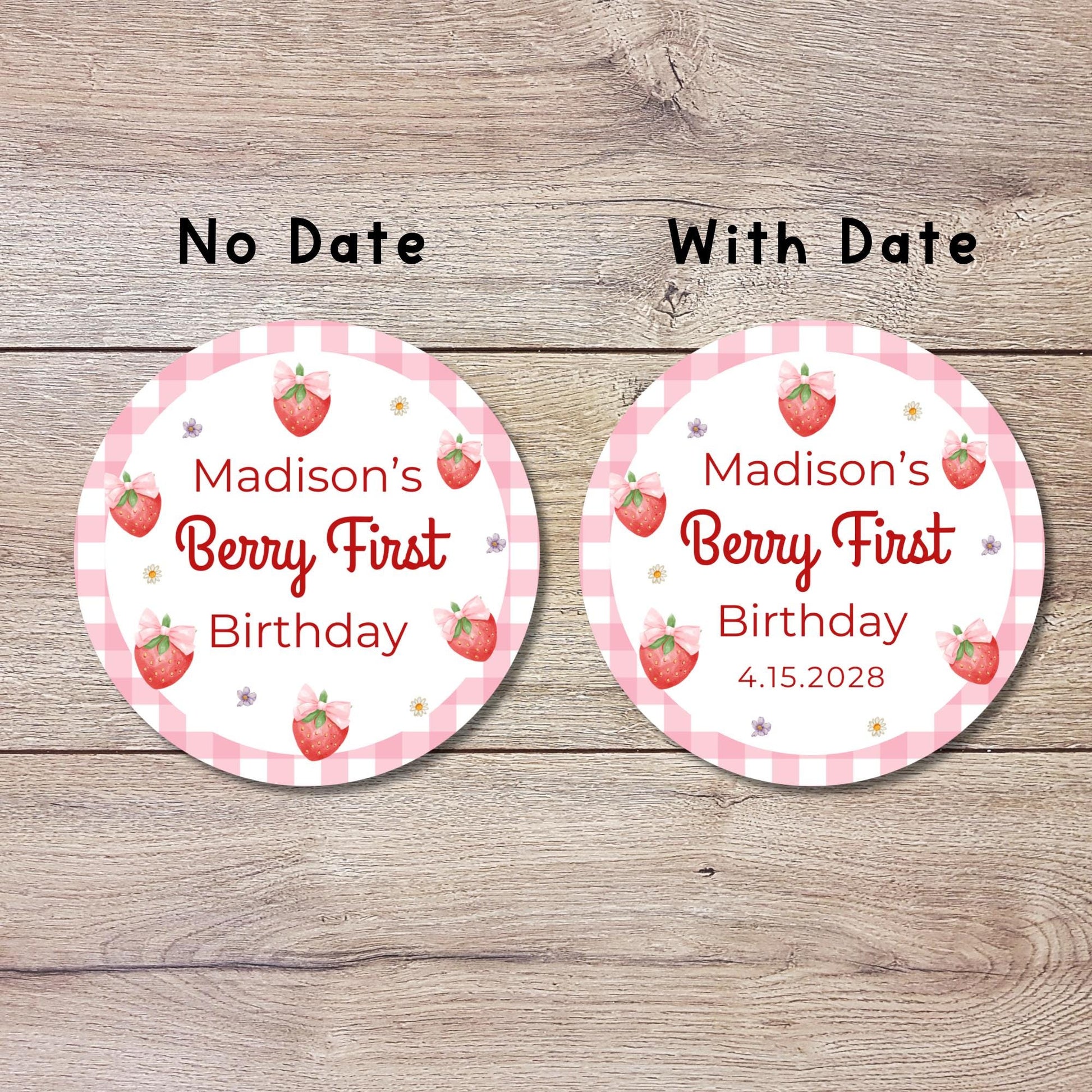 Berry First Personalized Birthday Stickers, Custom 1st Birthday Party Favor Goody Bag Labels