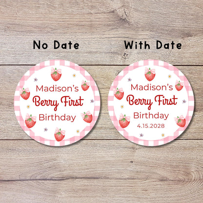 Berry First Personalized Birthday Stickers, Custom 1st Birthday Party Favor Goody Bag Labels