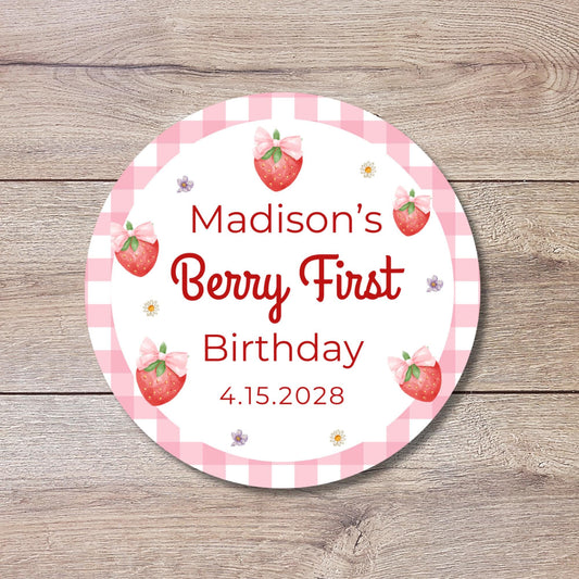 Berry First Personalized Birthday Stickers, Custom 1st Birthday Party Favor Goody Bag Labels