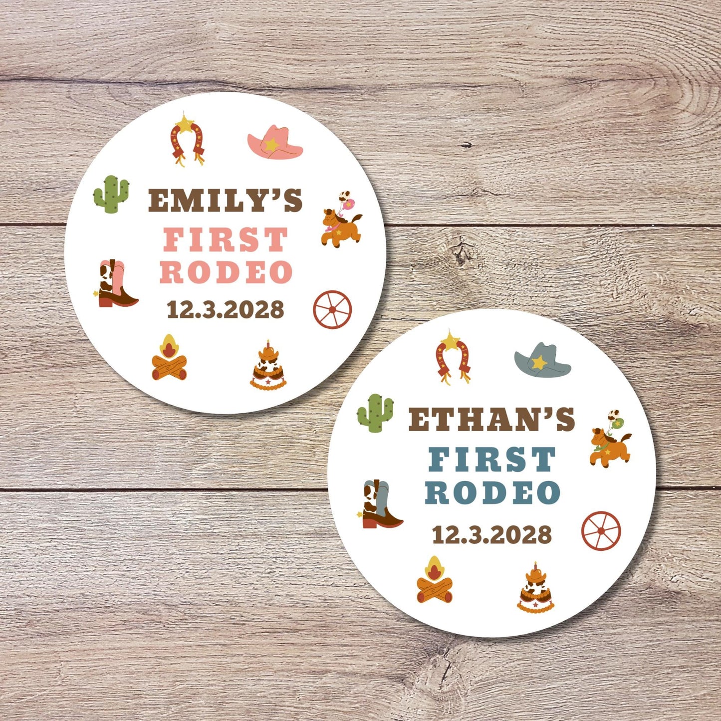 Personalized First Rodeo Birthday Sticker, Custom Western Cowboy Cowgirl Party Favor Labels