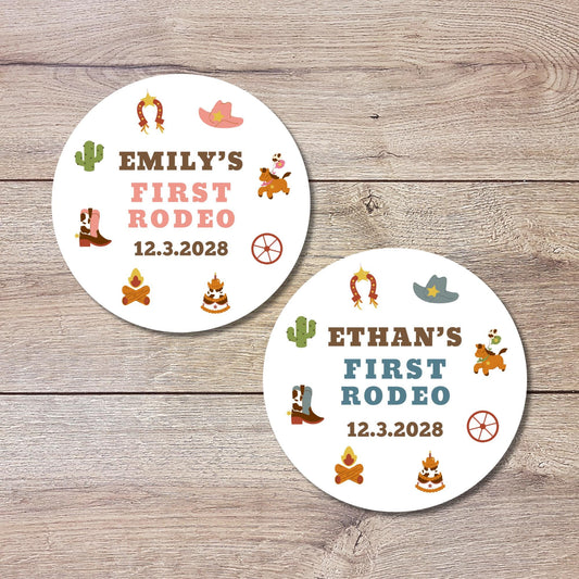 Personalized First Rodeo Birthday Sticker, Custom Western Cowboy Cowgirl Party Favor Labels