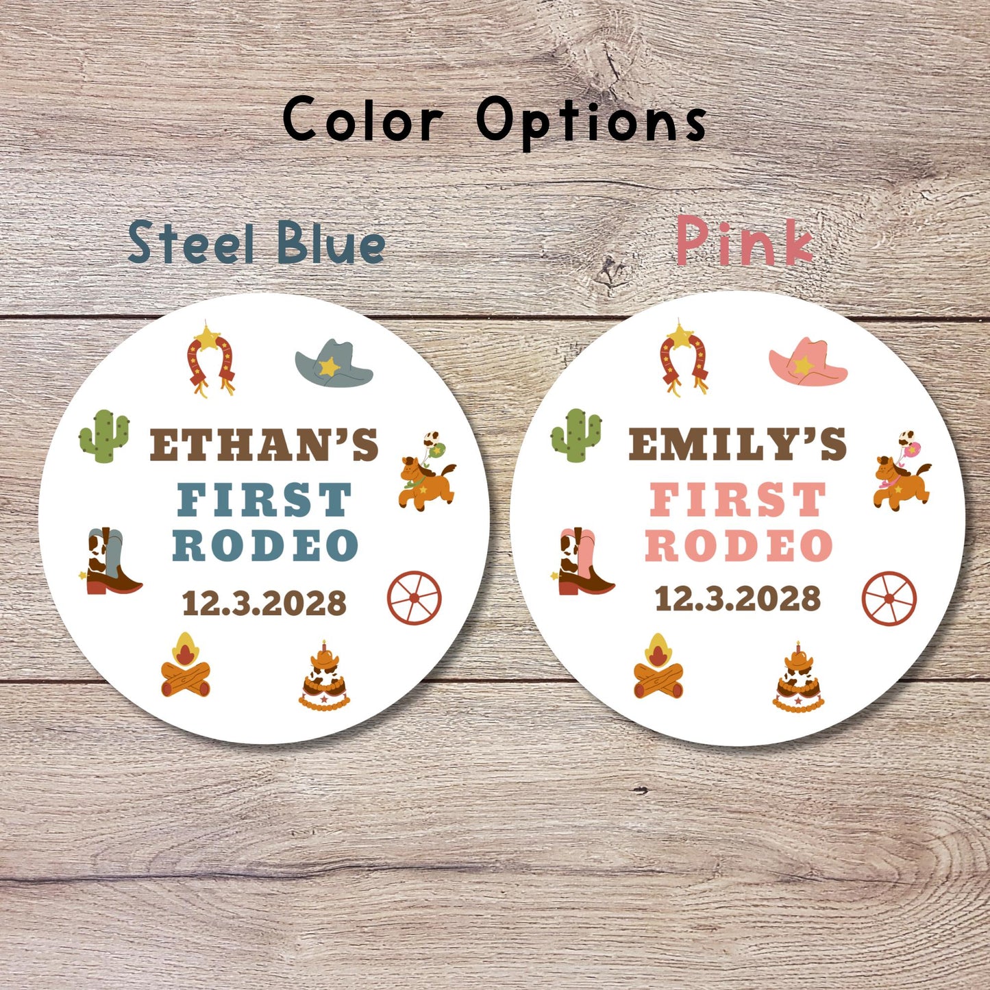 Personalized First Rodeo Birthday Sticker, Custom Western Cowboy Cowgirl Party Favor Labels
