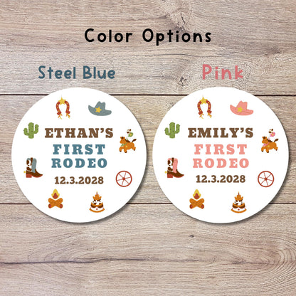Personalized First Rodeo Birthday Sticker, Custom Western Cowboy Cowgirl Party Favor Labels
