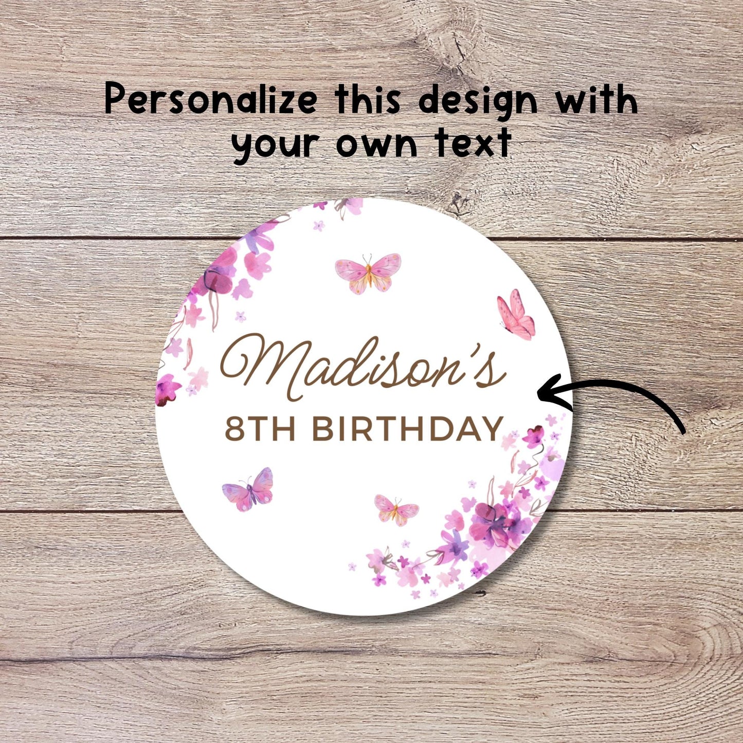 Pink Butterfly Personalized Happy Birthday Stickers, Custom Party Favor for Any Events, Butterfly Theme Labels for Gift Bags