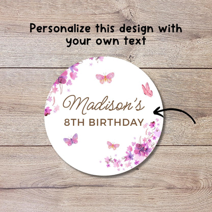 Pink Butterfly Personalized Happy Birthday Stickers, Custom Party Favor for Any Events, Butterfly Theme Labels for Gift Bags