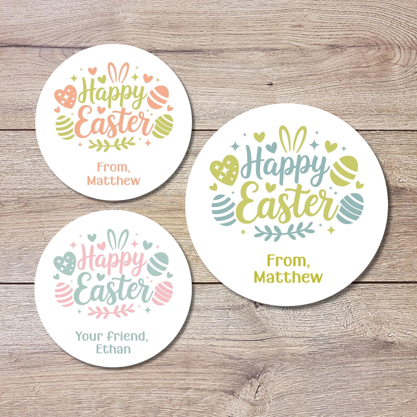 Personalized Happy Easter Floral Eggs Stickers, Custom Name Gift Basket Party Favor Labels