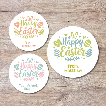 Personalized Happy Easter Floral Eggs Stickers, Custom Name Gift Basket Party Favor Labels