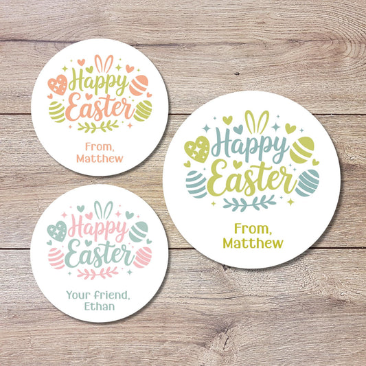 Personalized Happy Easter Floral Eggs Stickers, Custom Name Gift Basket Party Favor Labels
