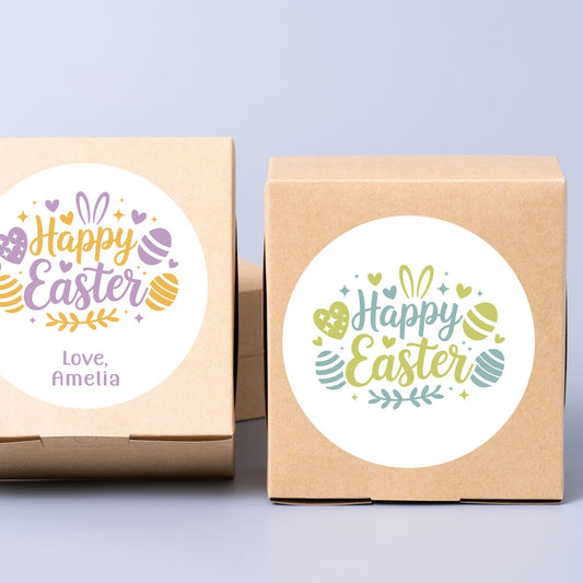 Personalized Happy Easter Floral Eggs Stickers, Custom Name Gift Basket Party Favor Labels