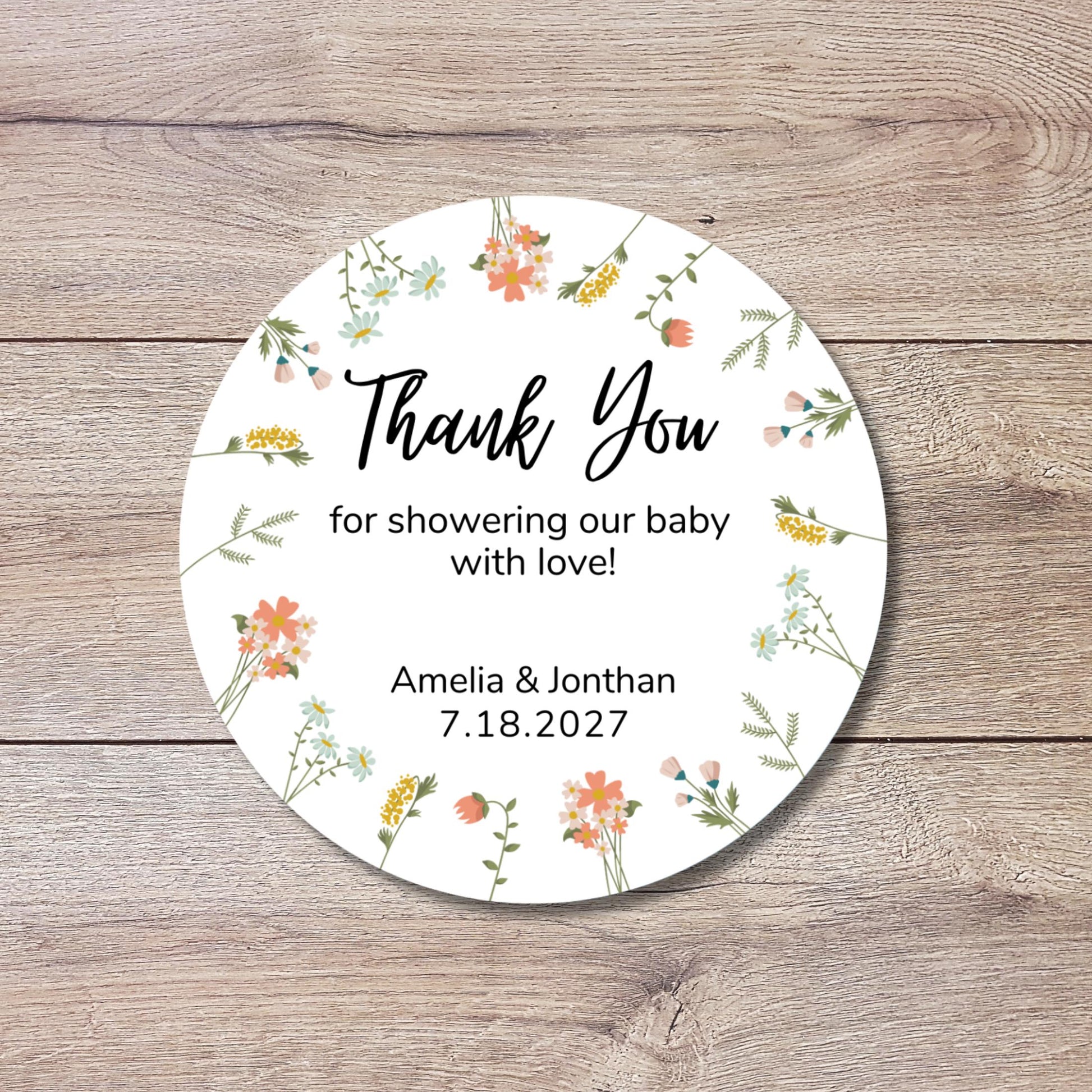 Personalized Floral Wreath Baby Shower Stickers, Custom Thank You for Showering Our Baby Labels
