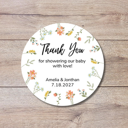 Personalized Floral Wreath Baby Shower Stickers, Custom Thank You for Showering Our Baby Labels