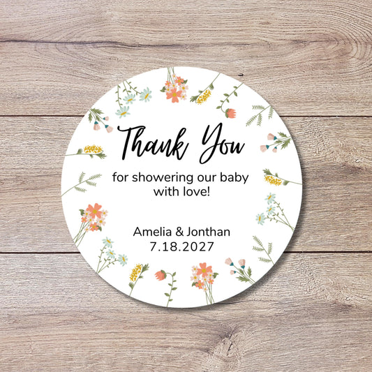 Personalized Floral Wreath Baby Shower Stickers, Custom Thank You for Showering Our Baby Labels