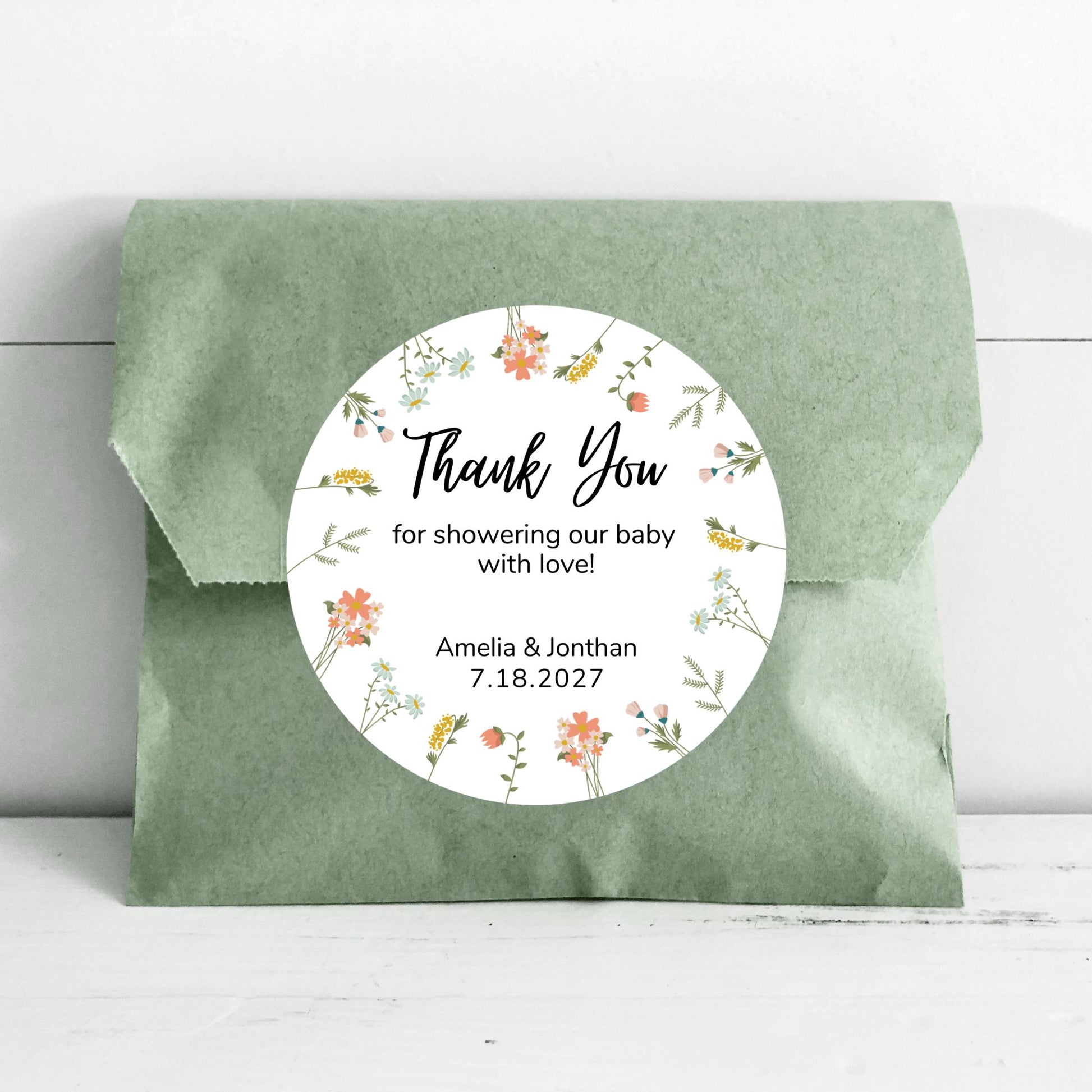 Personalized Floral Wreath Baby Shower Stickers, Custom Thank You for Showering Our Baby Labels