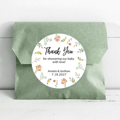 Personalized Floral Wreath Baby Shower Stickers, Custom Thank You for Showering Our Baby Labels