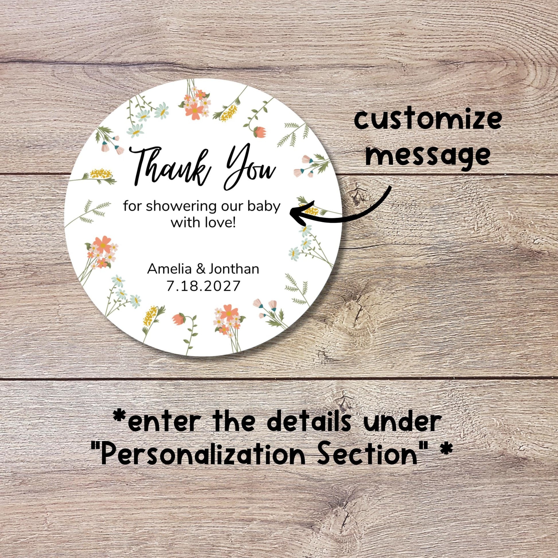 Personalized Floral Wreath Baby Shower Stickers, Custom Thank You for Showering Our Baby Labels