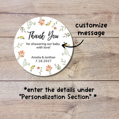 Personalized Floral Wreath Baby Shower Stickers, Custom Thank You for Showering Our Baby Labels