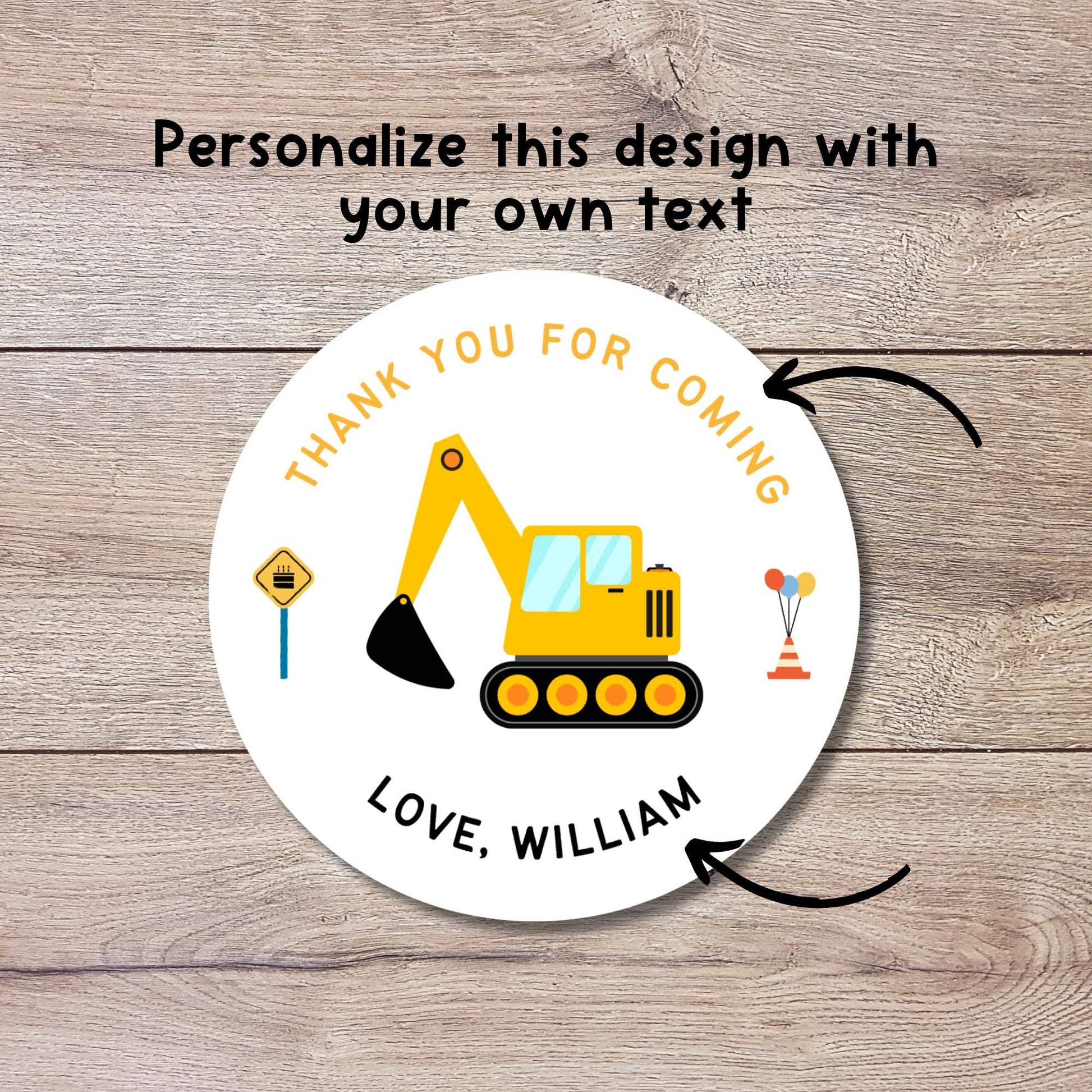 Personalized Construction Excavator Birthday Stickers, Custom Party Favor Gift Bags Labels