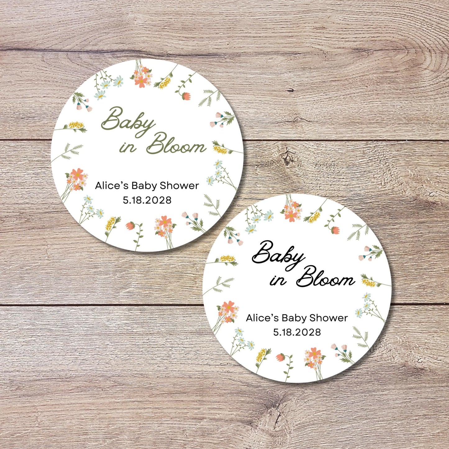 Baby In Bloom Wildflower Personalized Baby Shower Stickers, Thank You for Showering Party Gift Labels
