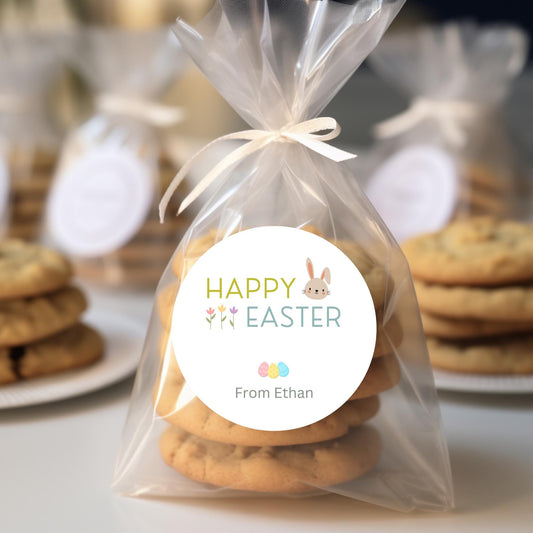 Personalized Happy Easter Bunny Rabbit Stickers, Custom Name Gift Basket Party Favor Labels