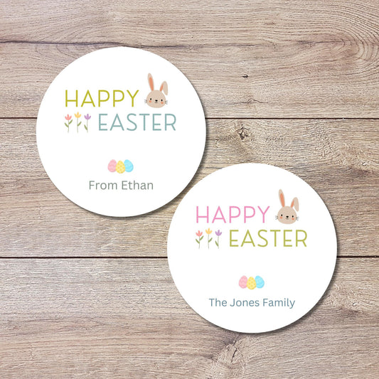 Personalized Happy Easter Bunny Rabbit Stickers, Custom Name Gift Basket Party Favor Labels