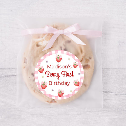 Berry First Personalized Birthday Stickers, Custom 1st Birthday Party Favor Goody Bag Labels