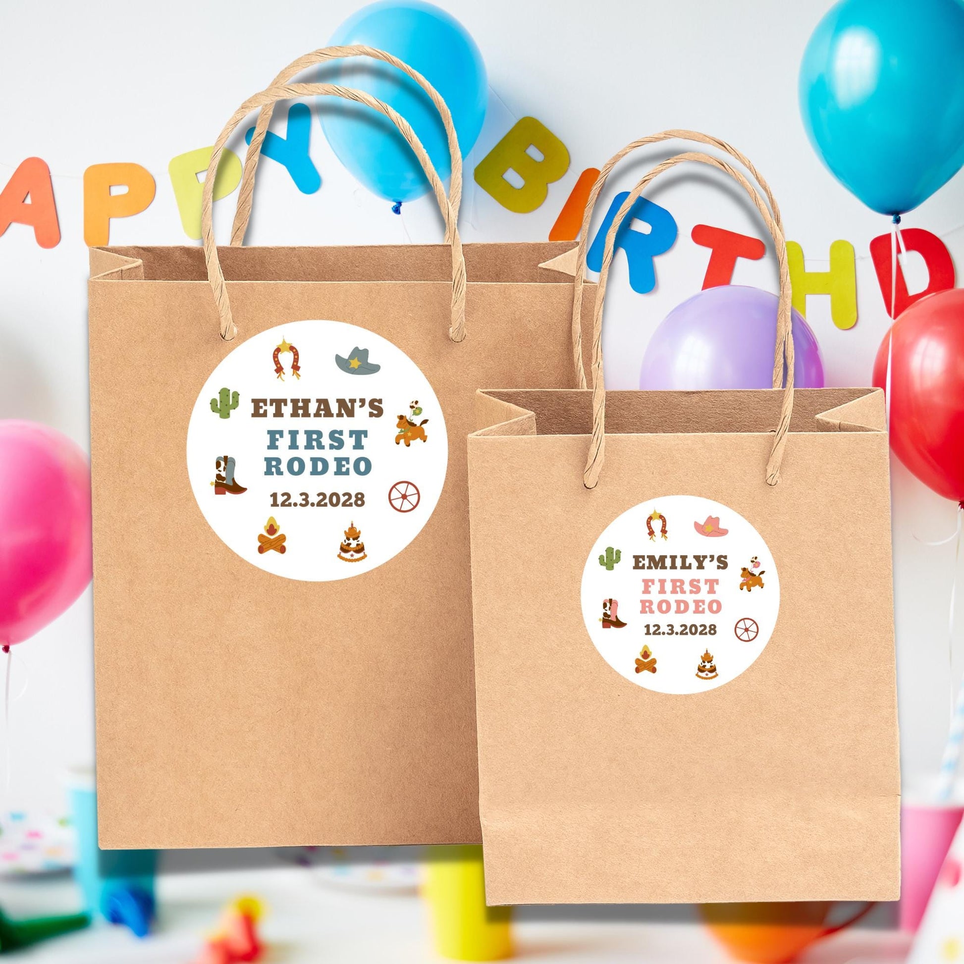 Personalized First Rodeo Birthday Sticker, Custom Western Cowboy Cowgirl Party Favor Labels
