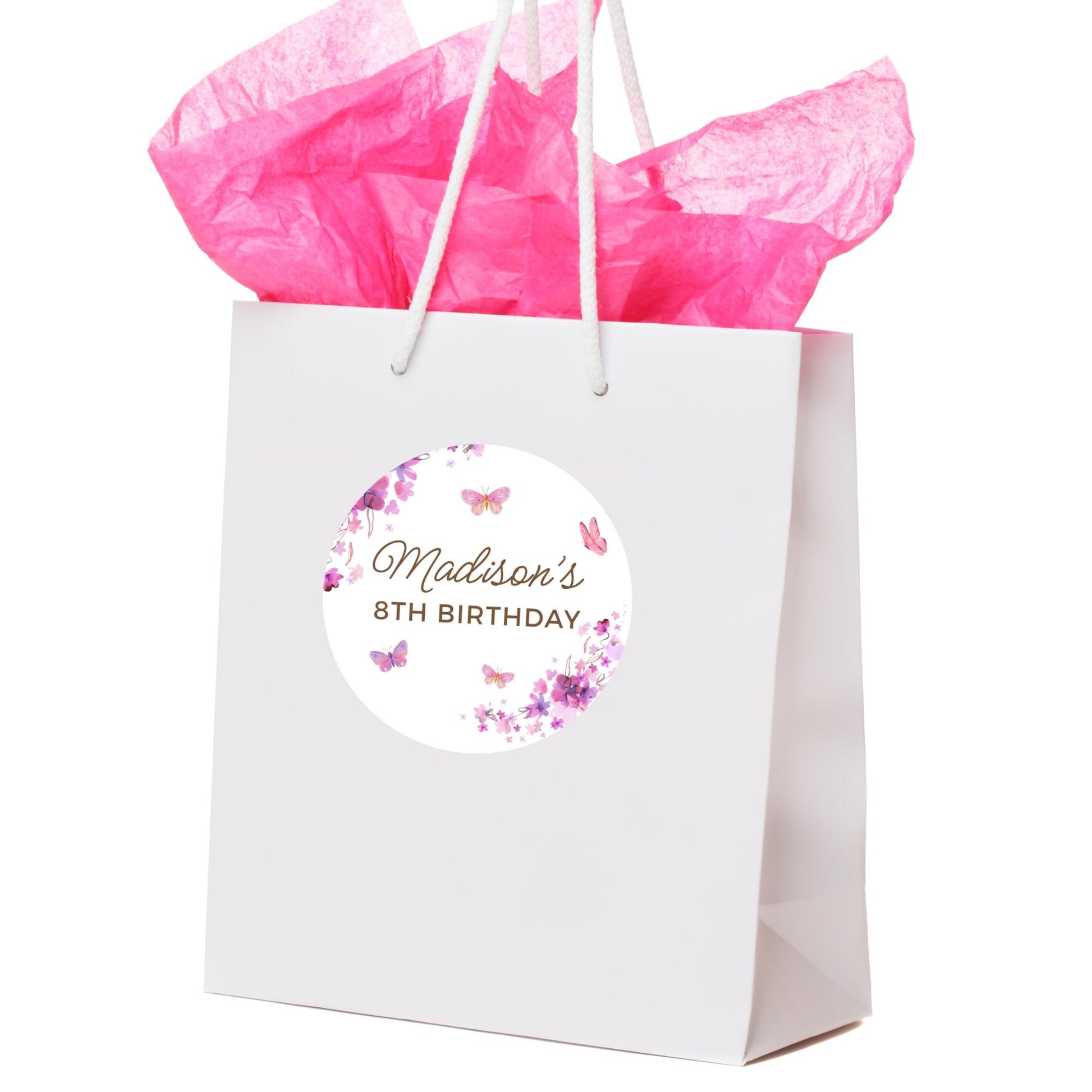 Pink Butterfly Personalized Happy Birthday Stickers, Custom Party Favor for Any Events, Butterfly Theme Labels for Gift Bags
