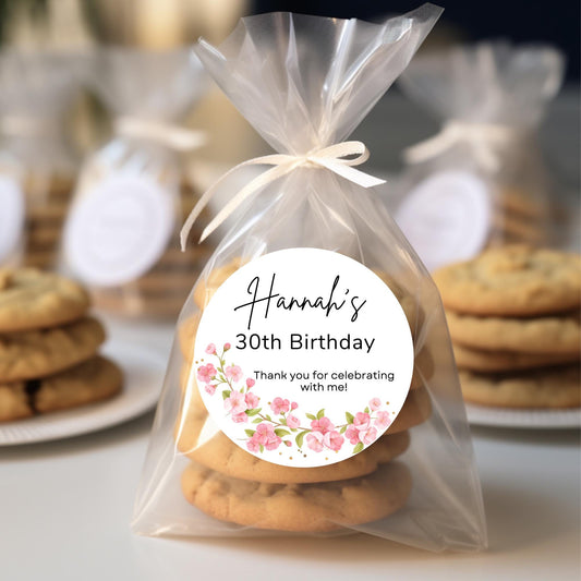 Personalized Pink Floral Birthday Sticker, Custom Party Celebration for Any Age Gift Bag Labels