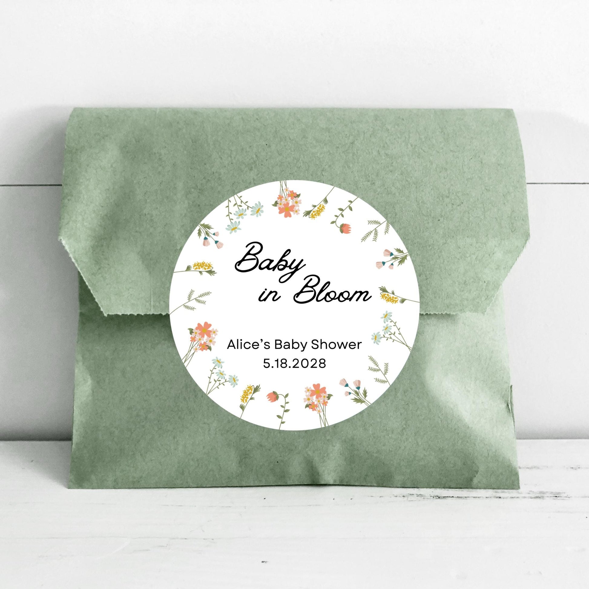 Baby In Bloom Wildflower Personalized Baby Shower Stickers, Thank You for Showering Party Gift Labels