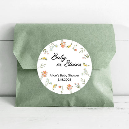 Baby In Bloom Wildflower Personalized Baby Shower Stickers, Thank You for Showering Party Gift Labels
