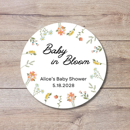 Baby In Bloom Wildflower Personalized Baby Shower Stickers, Thank You for Showering Party Gift Labels
